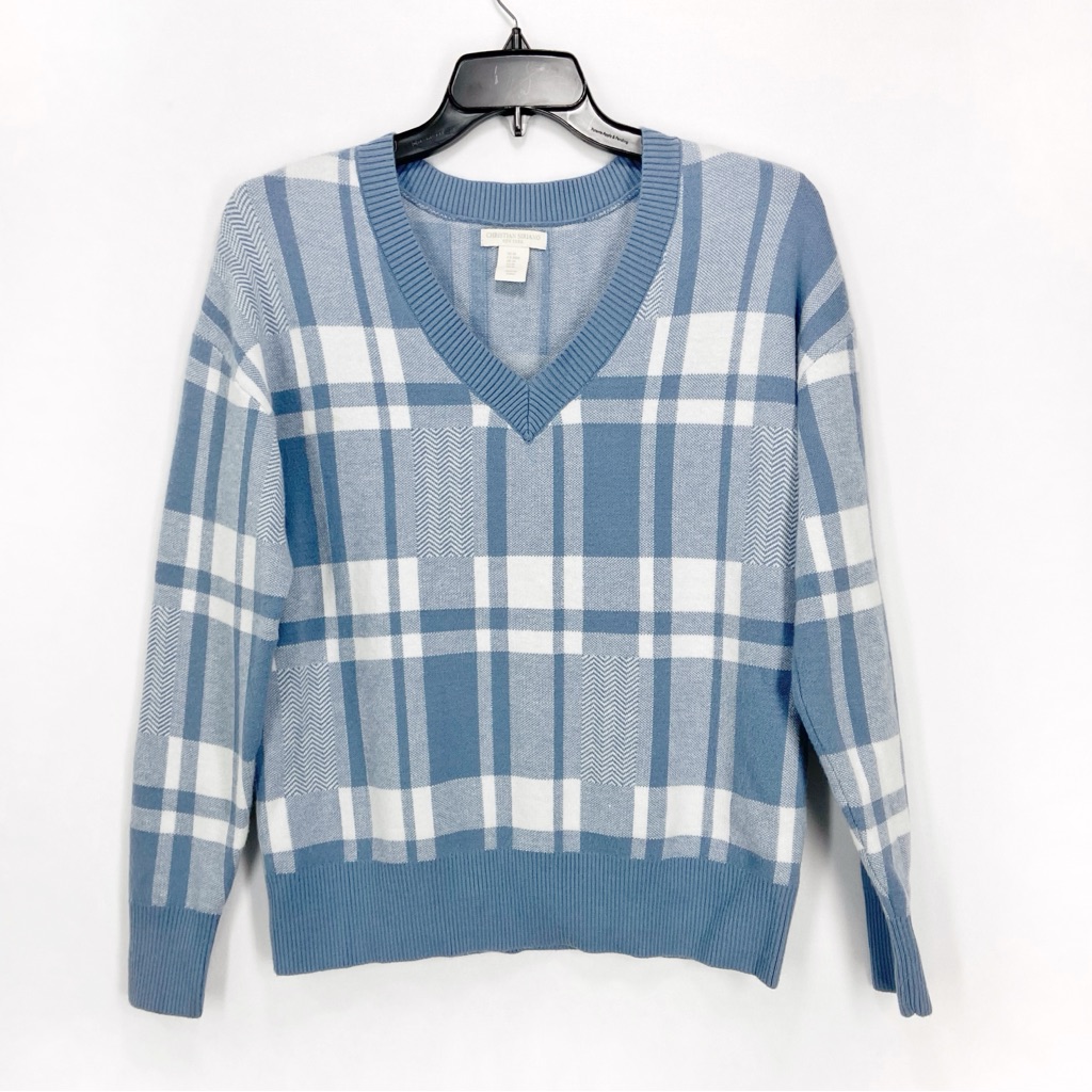 Christian Siriano Womens Pullover Plaid Sweater V-Neck Blue & White Size M